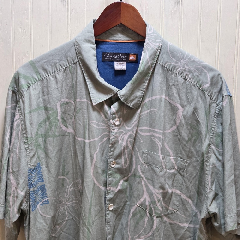 Quiksilver Waterman Shirt Mens 2XL Green Hawaiian Floral Cotton Rayon Button-Up‎